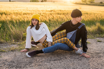 Portrait young couple happy millennial casual and modern dresses. People of urban style