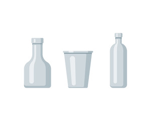 Plastic bottle set design flat oil and beverage. Set containers of different capacities large small tare.