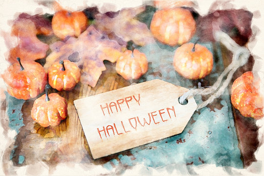 Happy Halloween on wooden tag with pumpkins and leaves