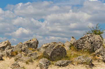 Planted stones, also known as The Stone Desert. Landforms of Varna Province. Rock formations of Bulgaria. Stone forest.
