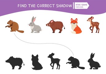 Educational  game for children. Find the right shadow. Kids activity with cute cartoon forest animals.