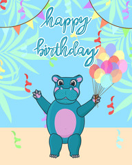 baby hippo birthday card, cute birthday greeting card with african hippo, colorful balloons and background, editable vector illustration