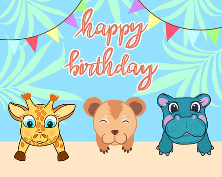 baby animals birthday card, cute birthday greeting card with african lion, hippo, giraffe on colorful background, editable vector illustration
