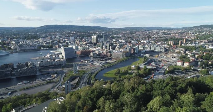 Cinema 4K drone shot with backward reveal motion and panorama view of the Oslo city line and construction in Bjoervika, a tourist attraction with the Munch museum, Soerenga and Barcode, in Norway.
