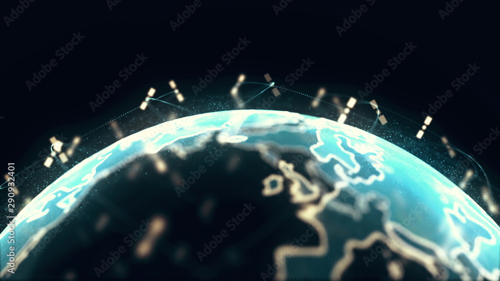 Aufkleber abstract 3d rendering satellites starlink network, digital earth data globe - connection the world. 