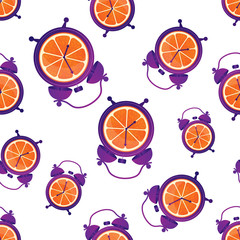 Colorful healthy and fun seamless pattern with oranges and alarm clocks. Breakfast time. Wake up! Good morning. Good start to working day. Orange juice. Energetic, vitamin morning. The alarm rings.