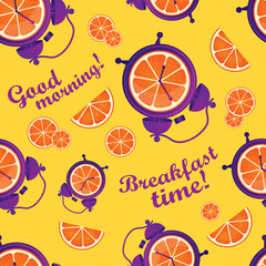 Colorful healthy and fun seamless pattern with oranges and alarm clocks. Breakfast time. Wake up! Good morning. Good start to working day. Orange juice. Energetic, vitamin morning. The alarm rings.