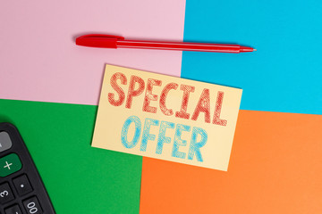 Writing note showing Special Offer. Business concept for Discounted price Markdown Promotional Items Crazy Sale Office appliance square desk study supplies paper sticker