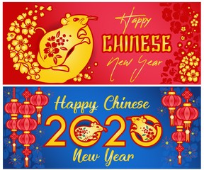 Chinese New year 2020 year Rat, red and gold paper cut rat character, flower and Asian elements with craft style on background, Christmas taming for Asian new year, greeting card