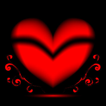 red heart on a black background and growing curlicues