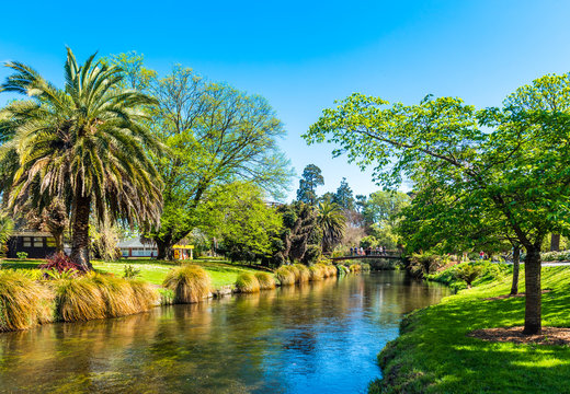 CHRISTCHURCH, NEW ZEALAND - OCTOBER 18, 2018: River landscape, Christchurch Botanic Gardens.