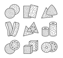 Sandpaper sheets, discs, rolls, triangles. Black & white vector illustration of sanding abrasive paper. Line icon set of glasspapers with assorted grit texture