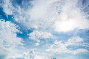 The image of the daytime sky full of clouds spread all over and blocking the sun but still shining through.