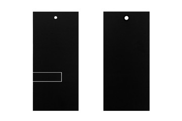 Two black product tags on a white background