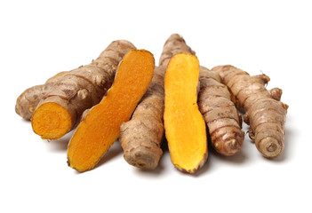Turmeric roots isolated on white background. Graphics, indian.
