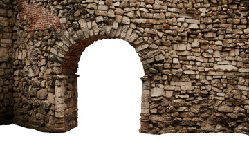 Arch and fence made of bricks and stones. Isolated on a white background.
