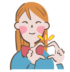 指でハートマークを作る笑顔の女子高校生　イラスト