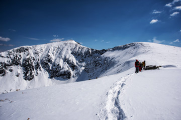 Fototapeta na wymiar Irkutsk region, Russia, Slyudyanka - April 13, 2019: Group of people are hiking in the mountain and snow among the fir trees back view