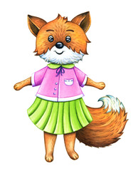 Cute fox student girl, watercolor hand painted illustration isolated on white background. School design element, educational, cartoon animal.