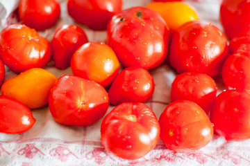 bright, juicy, ripe, red and yellow tomatoes with drops of water after washing
