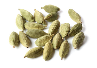 Green cardamom pods. Food, heap.