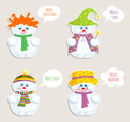 Fototapeta premium Set of snowmen stickers. Cute characters with different emotions isolated on white background. Templates for Christmas and New Year. Vector illustration.