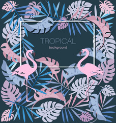 Naklejka premium Tropical leaves and pink flamingo. Tropical background, flamingos and jungle leaves. Vector floral template with palm leaves, monstera. Dark background and frame.