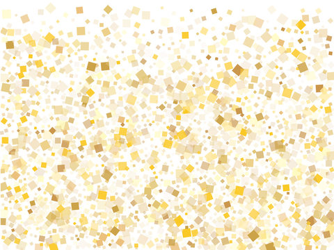 Glossy gold square confetti sparkles flying on white. VIP holiday vector sequins background. Gold foil confetti party explosion graphic design. Overlay sparkles surprise backdrop.