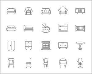 Set of furniture and interior Icons line style. Included the icons as bed, sofa,  couch, table, a double-deck bed, chair, stool, wardrobe and more. customize color, stroke width control , easy resize.