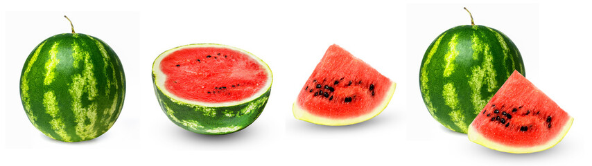 Watermelon set. Whole, half, lobule. Isolation on a white background. Side view. Bright saturated colors and good texture.