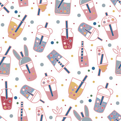 Vector seamless pattern. Simple Abstract design. Little cups of boba tea. Perfect for textile, texture, ornament, modern cottons and more. Elements for tea-houses, coffee houses, restaurant design