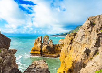 View of pancake rocks in Punakaiki, South island, New Zealand.