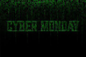Fototapeta premium Cyber monday text on a green binary matrix background.