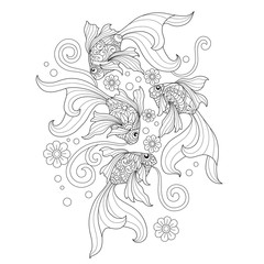 Hand drawn sketch illustration of goldfish for adult coloring book.