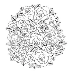 Hand drawn sketch illustration of rose bouquet for adult coloring book.