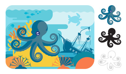 Octopus icons. Flat vector illustration of turtle. Decorative cute illustration for children. Graphic design elements for print and web.