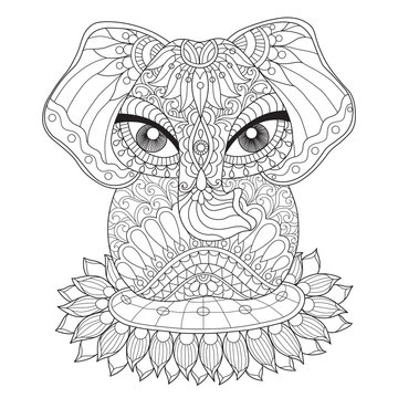 Hand drawn sketch illustration of Indian elephant for adult coloring book.