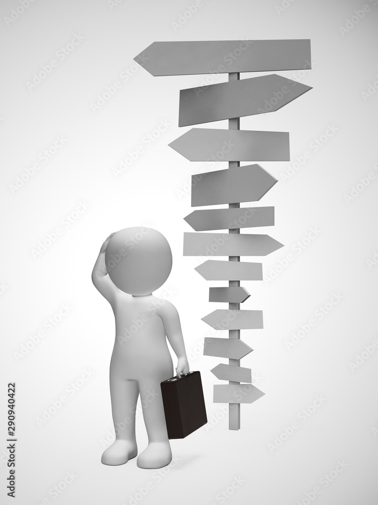Poster man confused by too many signposts lost his way and needs guidance - 3d illustration