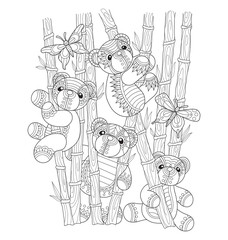 Hand drawn sketch illustration of Teddy bear and bamboo for adult coloring book.