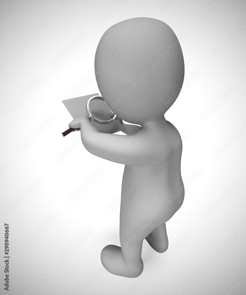 Poster using magnifier to inspect means looking into and reviewing - 3d illustration