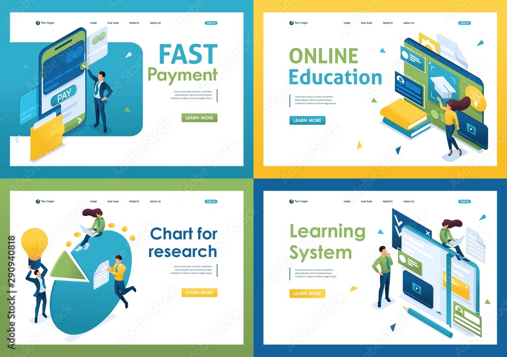 Poster set of isometric concepts fast payment, online education, learning system, chart for research. for l