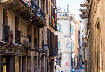 Facade of a historic building in the city center, Barcelona, Catalonia, Spain.