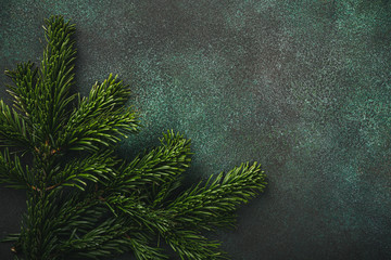 Overhead shoot of wooden christmas tree. Winter holidays background with copy space, flat lay, top...
