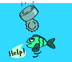 Tin box and fish on a blue background. Danger Vector illustration. 