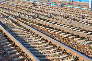  Many railway tracks at the station.Horizontally.