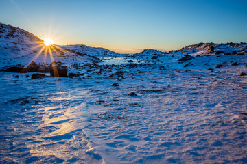 Polar arctic greenlandic sunset over the snow mountains, Nuuk, Greenland - obrazy, fototapety, plakaty