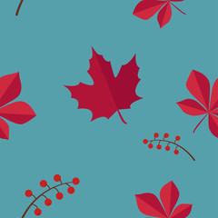 Vector seamless pattern with autumn leaves on a blue background.