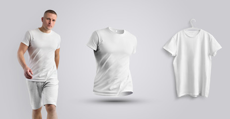 A set of three mockup male t-shirt isolated on background.