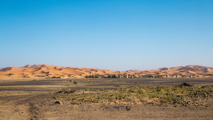 Panoramic of Merzouga and the dunes of the Sahara desert in Morocco