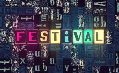 The word Festival as neon glowing unique typeset symbols, luminous letters for poster, carnival, event, performance, fiesta